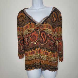 Vintage y2k orange brown v neck paisley print quirky art to wear top Size Xl